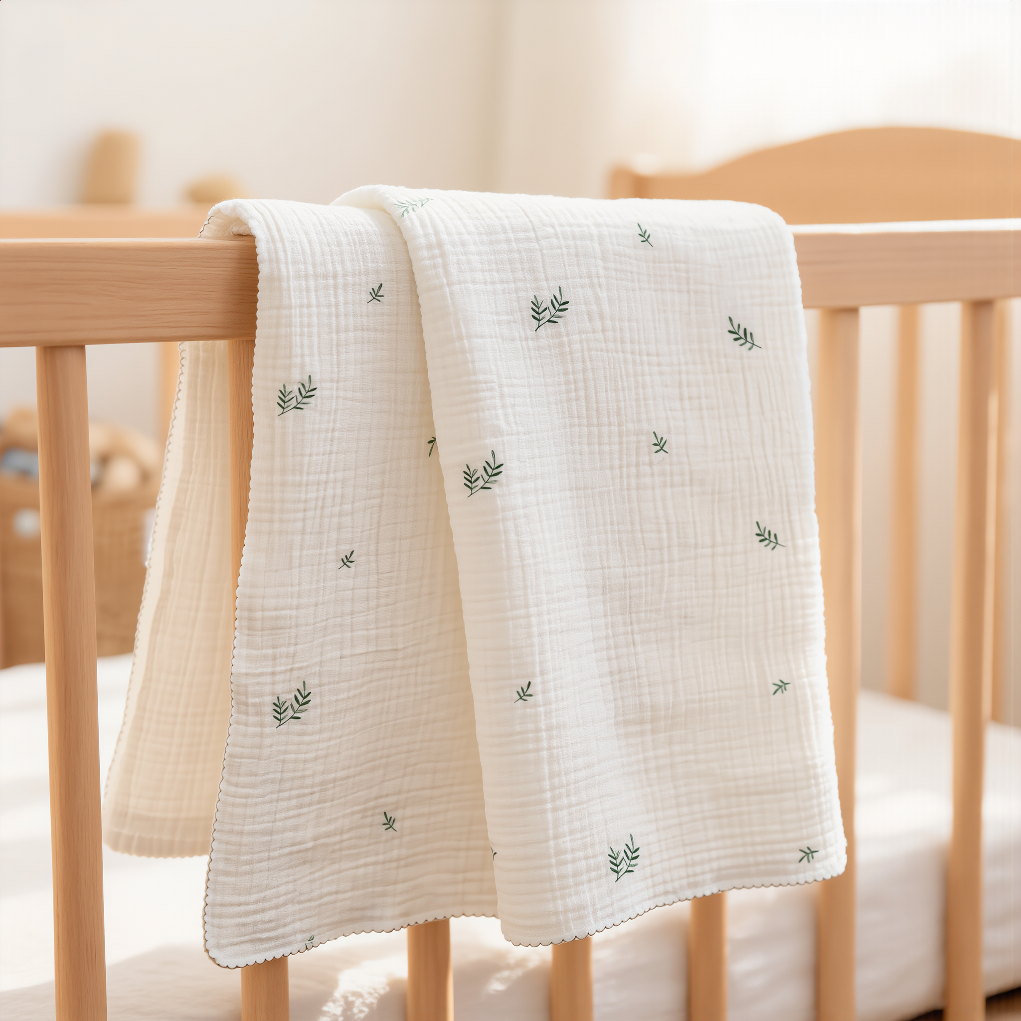3 Layer Gauze Blanket - Green Leaves - Image 2