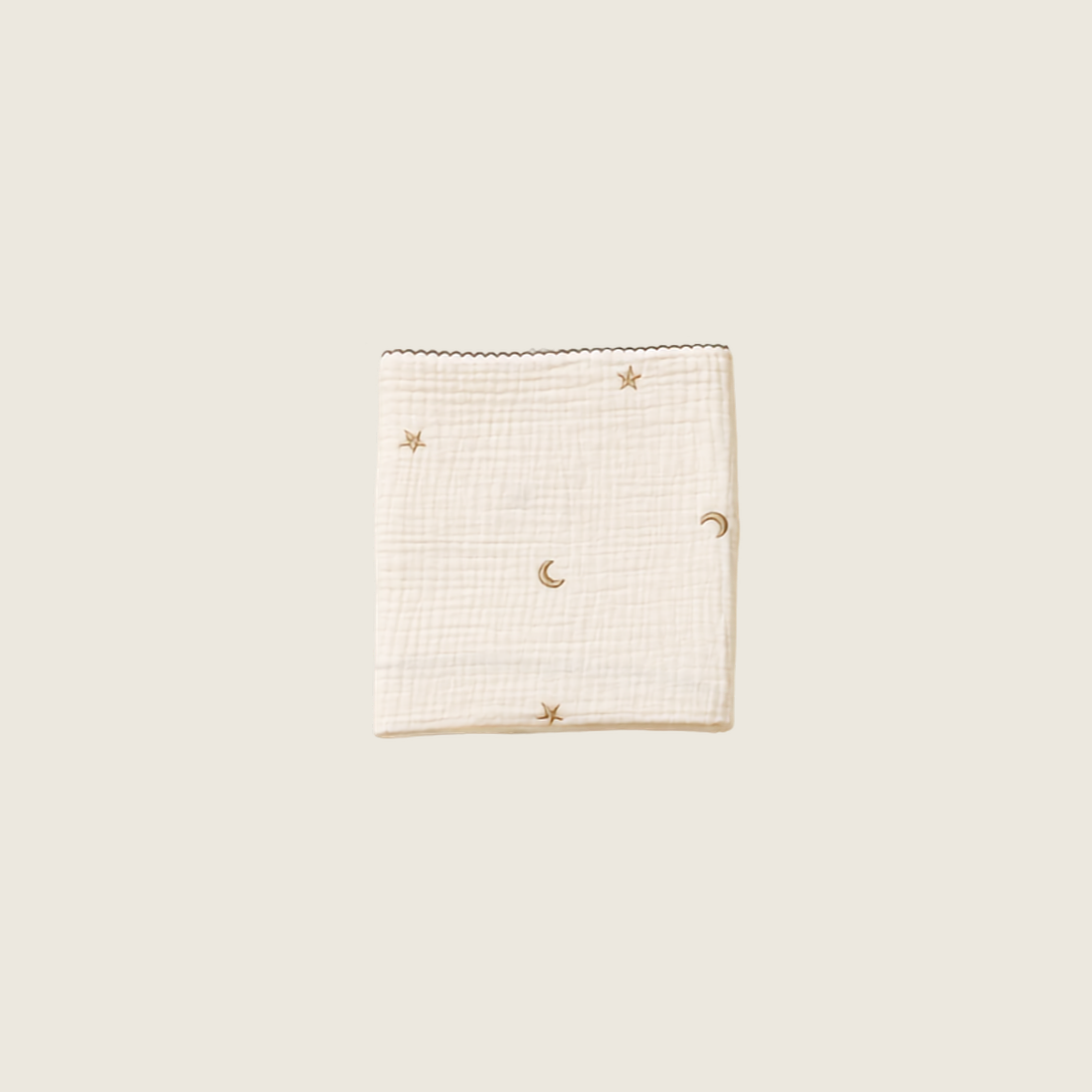 organic cotton, 100% organic cotton, Korean-made, made in Korea, chemical-free, free from optical brighteners, breathable cotton, sourced from South Korea, korean product, soft, gentle, cosy, lightweight, plush, buttery soft, silky texture, muslin-like texture, newborn, baby, infant, nursery, cot, crib, bedtime, tummy time, changing table, babyshower gift, newborn essential, authentic australian brand, australian brand, best newborn gift, 3 layer blanket, cotton blanket, gauze blanket, gauze cotton, baby blanket, safe blanket for newborn, swaddling, best newborn blanket, Moon and Stars 3 layer organic cotton baby blanket